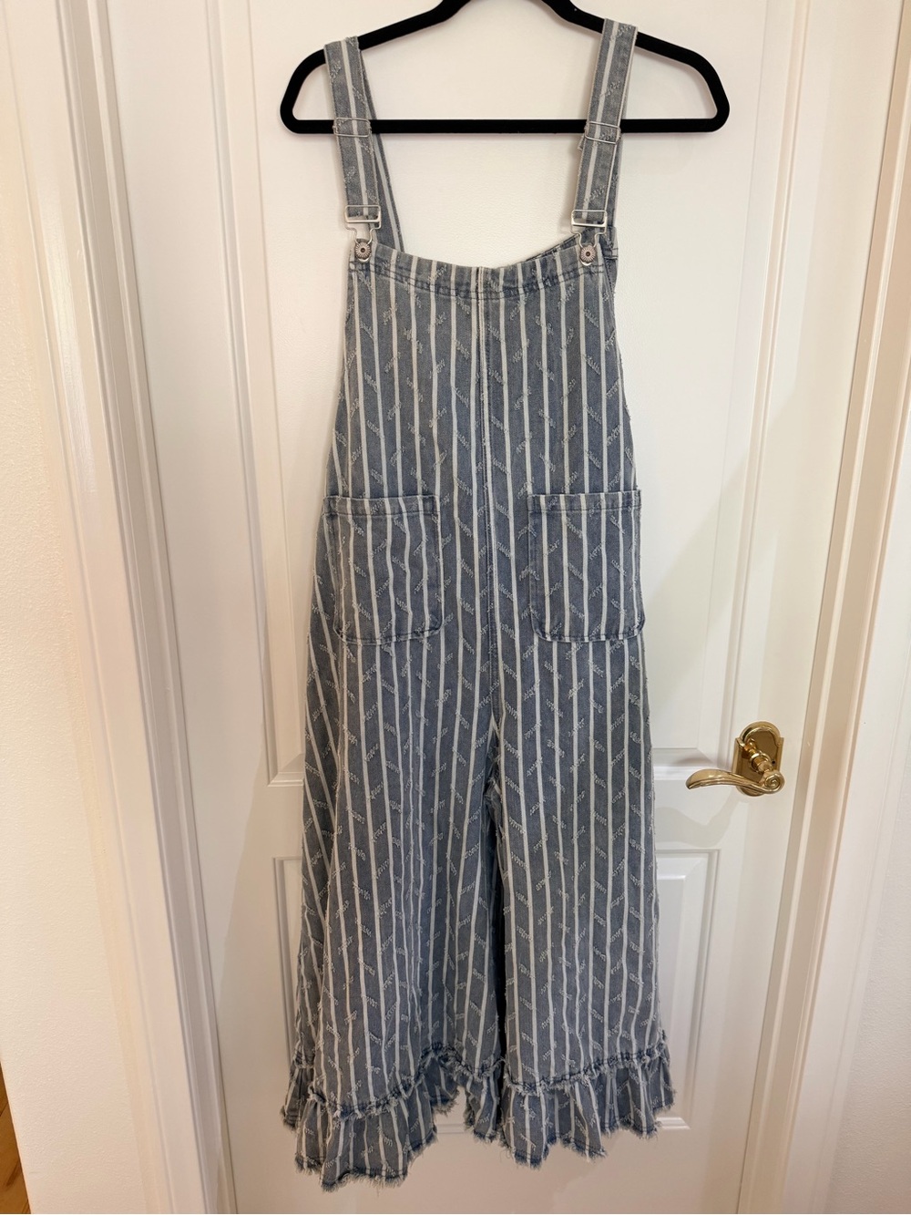 POL Blue and White Striped Denim Overall Jumpsuit with Ruffle Hem